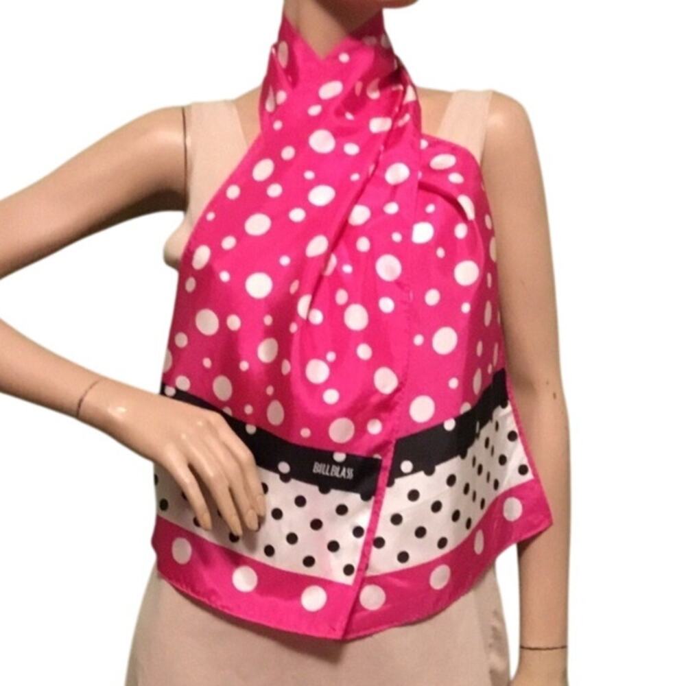 Vintage BILL BLASS Barbie Pink/Black/White Polka Dot Design Silk Scarf 10”x53“